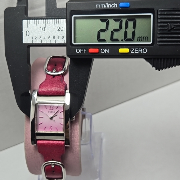 Women Guess Watch Pink Leather Wide Band Cuff Silver Case Quartz New Battery - Picture 4 of 11